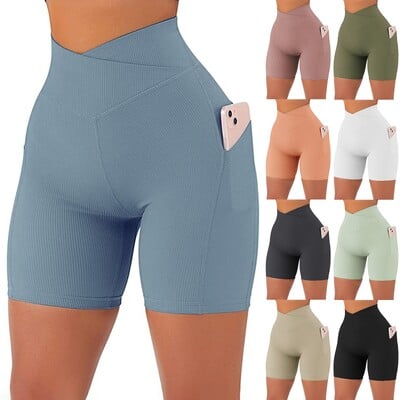 Pantaloni scurți de sport Push Up cu talie încrucișată, pentru antrenament, pentru alergare, pentru sport, pentru femei, pantaloni scurți de fitness cu nervuri.