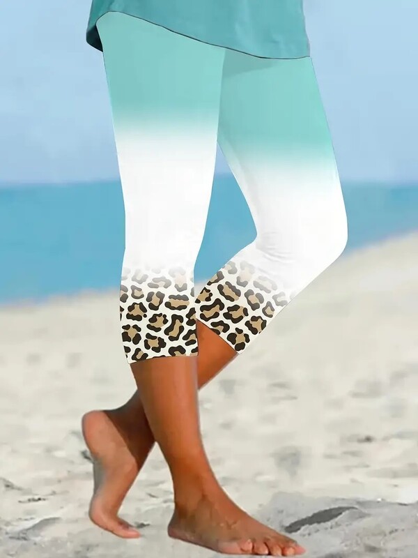 Pakāpeniskas leoparda raksta elastīgas, slaidas, elastīgas jostasvietas, stingras ikdienas legingi capri bikses sievietēm