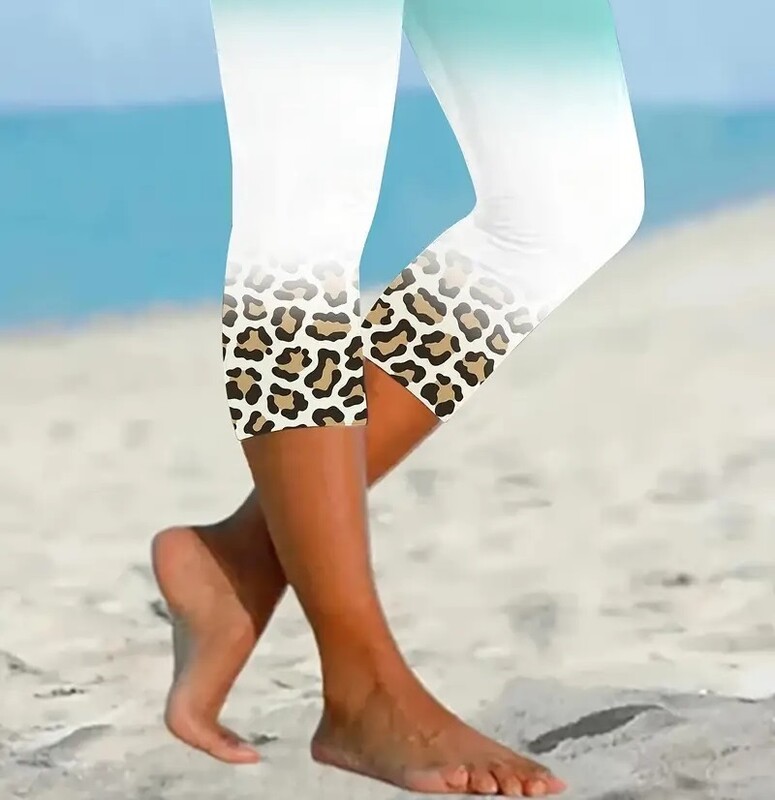 Pakāpeniskas leoparda raksta elastīgas, slaidas, elastīgas jostasvietas, stingras ikdienas legingi capri bikses sievietēm