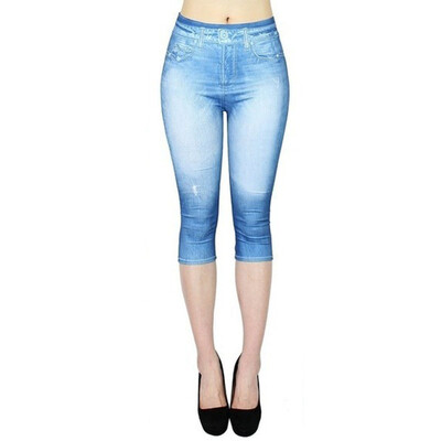 Női nyomat utánzat farmer leggings Vékony, rugalmas vágott nadrágok kültéri kocogás séta divat magas derekú leggings