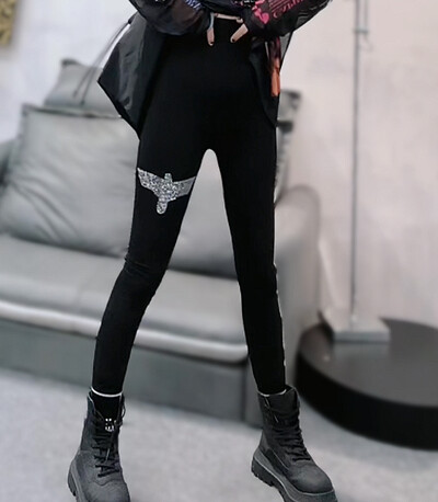 Burts Rhinestone Black Legingi Sieviešu ārējais apģērbs Pavasaris Vasara Elastīga Smagās Rūpniecības Eiropas preces Dimanta apgrieztas bikses