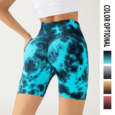 Pantaloni scurți cu talie înaltă Tie Dye Pantaloni scurți fără sudură pentru ridicarea șoldului femei Fitness tricotat Moda Pantaloni yoga Antrenament de gimnastică Colanți cu elastic înalt