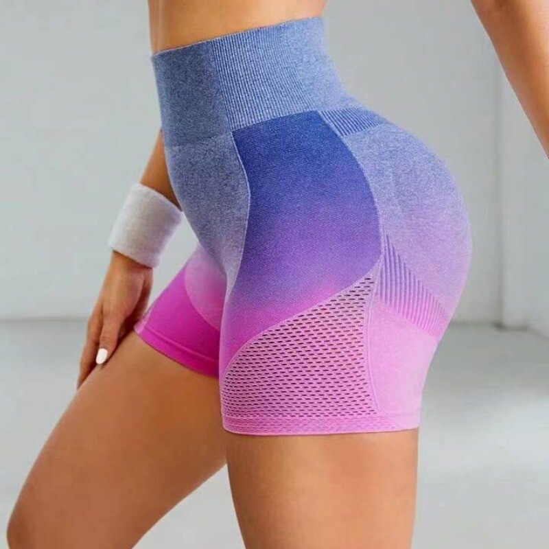 Pantaloni scurți de yoga cu gradient pentru femei, jambiere de fitness fără sudură, cu talie înaltă, cu ridicare la fund, pantaloni scurți subțiri, pentru antrenament de gimnastică, pantaloni elastici de modă