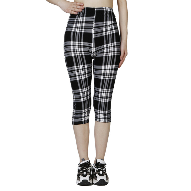 Pantaloni de vară, pantaloni tăiați pentru femei, jambiere imprimate cu grilă alb-negru, colanți fitness până la gambe, scurt sport elastic