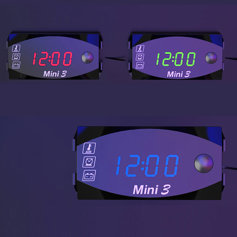 Motocikls DC 6V-30V 3 vienā digitālais laika pulkstenis + termometrs + sprieguma voltmetrs IP67 ūdensizturīgs testeris akumulatora monitora mērītājs