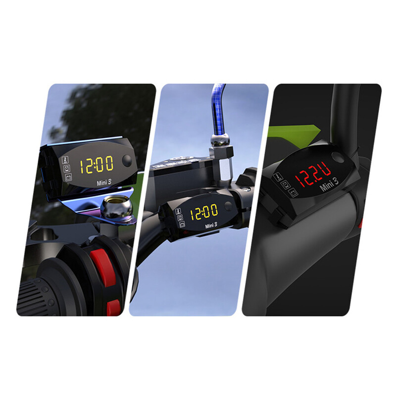 Motocikls DC 6V-30V 3 vienā digitālais laika pulkstenis + termometrs + sprieguma voltmetrs IP67 ūdensizturīgs testeris akumulatora monitora mērītājs