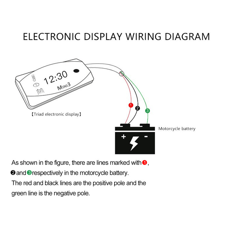 Motocikls DC 6V-30V 3 vienā digitālais laika pulkstenis + termometrs + sprieguma voltmetrs IP67 ūdensizturīgs testeris akumulatora monitora mērītājs