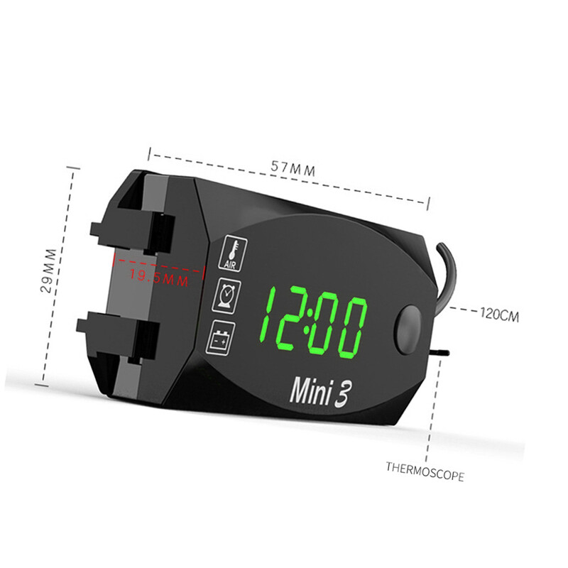 Motocikls DC 6V-30V 3 vienā digitālais laika pulkstenis + termometrs + sprieguma voltmetrs IP67 ūdensizturīgs testeris akumulatora monitora mērītājs