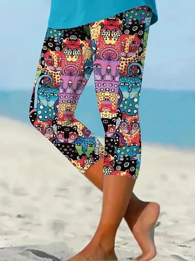 Jaukas kaķēnu apdrukas, elastīgas, elastīgas jostasvietas, pieguļošas ikdienas legingi capri bikses sievietēm