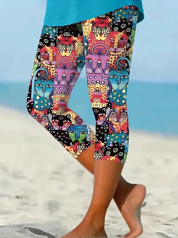 Jaukas kaķēnu apdrukas, elastīgas, elastīgas jostasvietas, pieguļošas ikdienas legingi capri bikses sievietēm