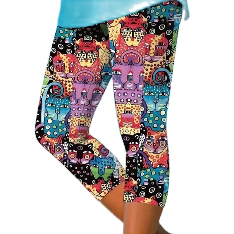 Jaukas kaķēnu apdrukas, elastīgas, elastīgas jostasvietas, pieguļošas ikdienas legingi capri bikses sievietēm