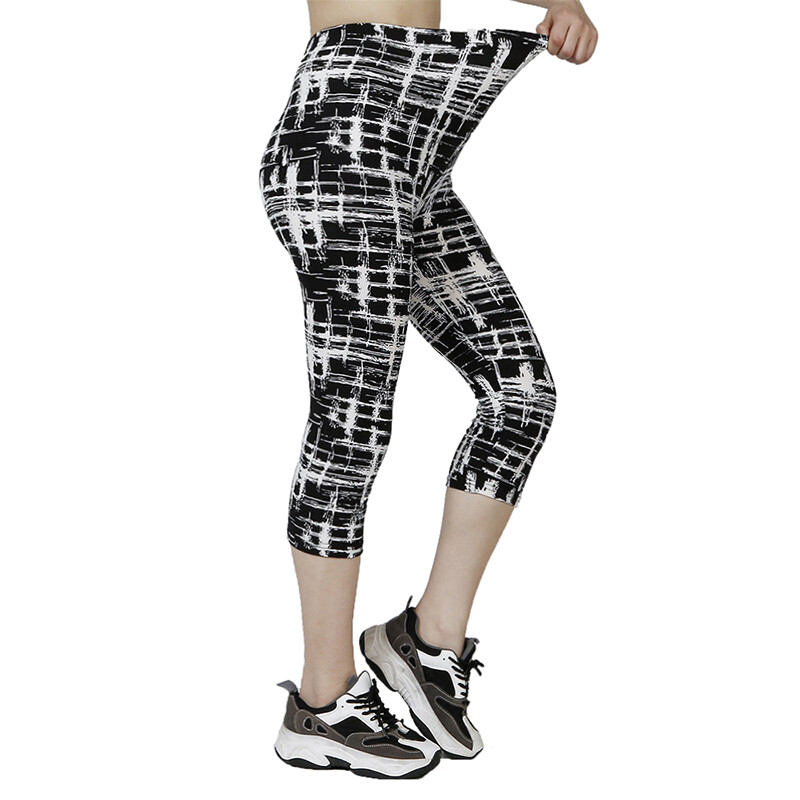 QR33 Jambiere Capris de vară pentru femei cu talie elastică Leggings cu imprimeu în carouri abstracte Pantaloni sport respirabili de fitness