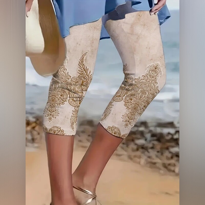 Dizaina apdruka, elastīga, elastīga jostasvieta pieguļošas ikdienas legingi capri bikses sievietēm