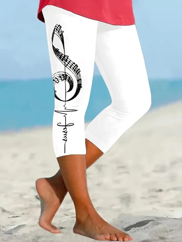 Piezīme Drukāt Stretch, elastīga jostasvieta, pieguļošas ikdienas legingi capri bikses sievietēm