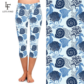 LETSFIND Summer New 3D Shells Seahorses and Corals Printing Capri Leggings High Waist Slim Fitness Κολάν στη μέση της γάμπας