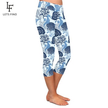 LETSFIND Summer New 3D Shells Seahorses and Corals Printing Capri Leggings High Waist Slim Fitness Κολάν στη μέση της γάμπας