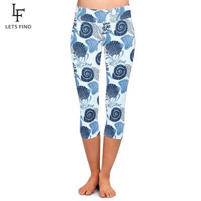 LETSFIND Summer New 3D Shells Cali de mare și corali Printing Capri Leggings Talie înaltă Slim Fitness Leggings Mid-Galf