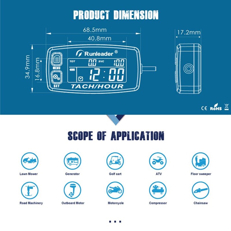 Apgriezienu skaita dzinēja stundu skaitītājs Motocikla skaitītājs induktīvā mērītāja brīdinājuma aizmugurgaismojums atiestatāmi taho stundu skaitītāji ATV zāles pļāvējam Jet Ski Pi