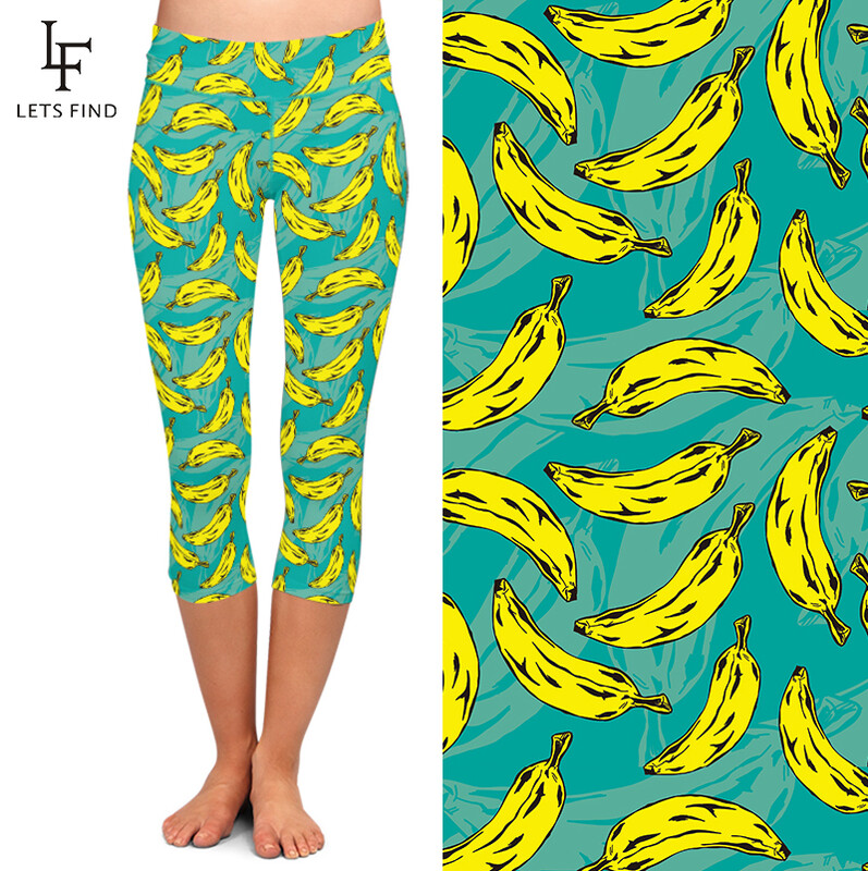 LETSFIND Kiváló minőségű nyári gyümölcsök design banánmintás Capri leggings magas derekú Fitness női lábszár közepéig