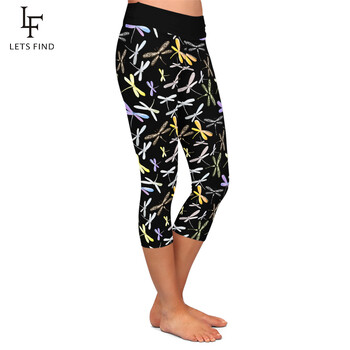 LETSFIND ψηλόμεσο γυναικείο κολάν 3D Dragonfly Print Capri Leggins Summer Soft Fitness Παντελόνι Stretch Mid-Calf 3/4