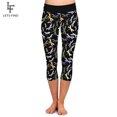 LETSFIND magas derekú női leggings 3D szitakötő mintás Capri leggins nyári puha fitnesz lábszárközép 3/4 sztreccs nadrág