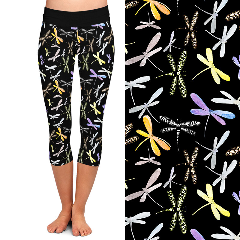 LETSFIND magas derekú női leggings 3D szitakötő mintás Capri leggins nyári puha fitnesz lábszárközép 3/4 sztreccs nadrág