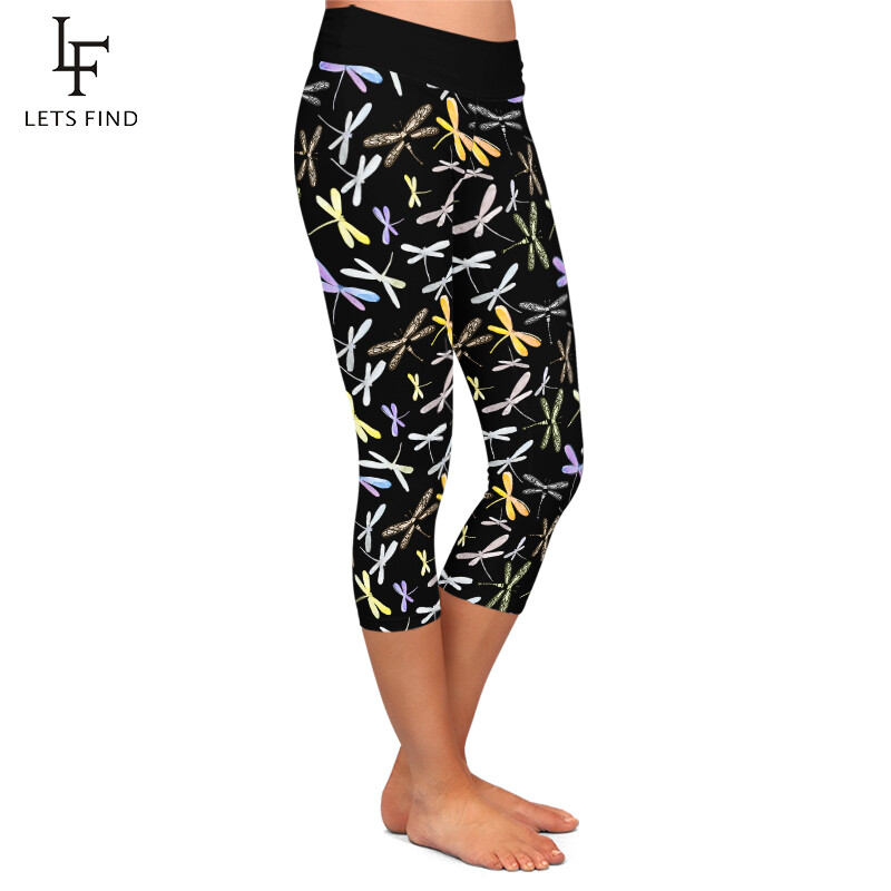 LETSFIND magas derekú női leggings 3D szitakötő mintás Capri leggins nyári puha fitnesz lábszárközép 3/4 sztreccs nadrág