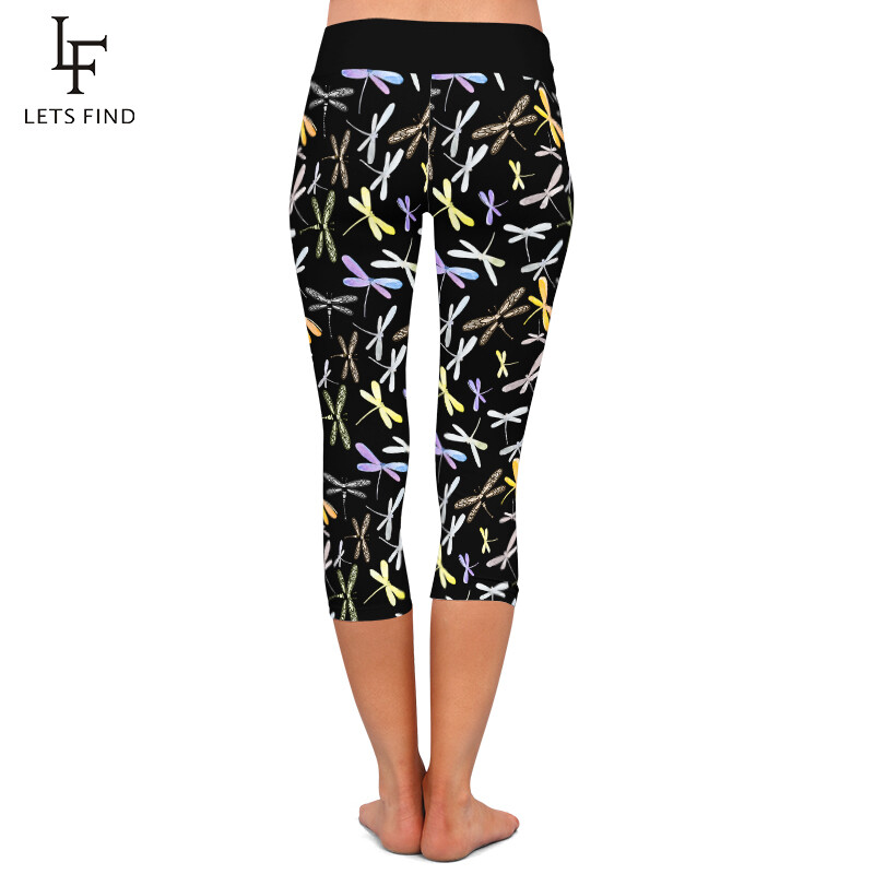 LETSFIND magas derekú női leggings 3D szitakötő mintás Capri leggins nyári puha fitnesz lábszárközép 3/4 sztreccs nadrág