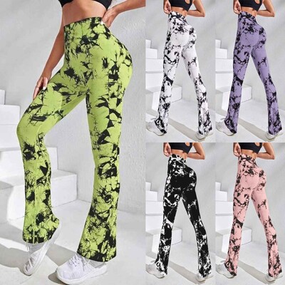 Pantaloni evazați cu vopsea cravată pentru femei Leggings de yoga din poliester spandex cu talie înaltă Ridicarea șoldului Alergare Plimbare Moda Fitness Pantaloni casual