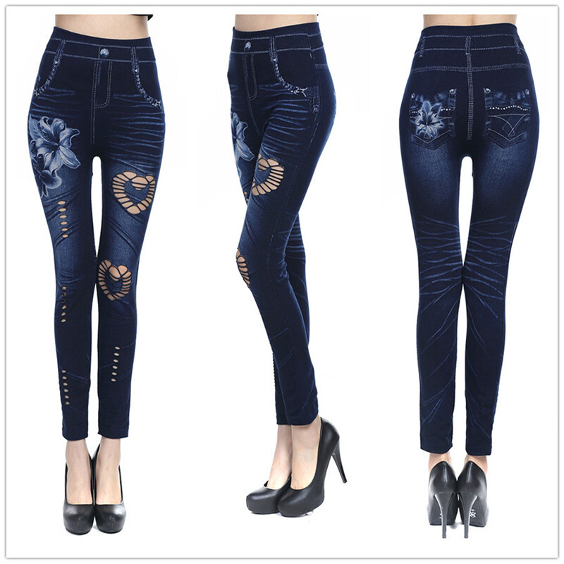 Hot Sexy Women Jean Skinny Jeggings Bikses ar augstu vidukli sieviešu legingi ar apdruku līdz potītei Slim Legging Fitness Plus Size