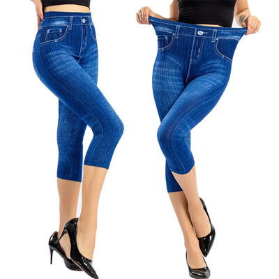 Jambiere cu imprimeu din denim pentru femei Leggings subțiri de modă Pantaloni de vară pantaloni de vară cu imprimeu elastic.