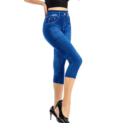 Jambiere cu imprimeu din denim pentru femei Leggings subțiri de modă Pantaloni de vară pantaloni de vară cu imprimeu elastic.