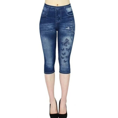 Jambiere cu imprimeu din denim pentru femei Leggings subțiri de modă Pantaloni de vară pantaloni de vară cu imprimeu elastic.