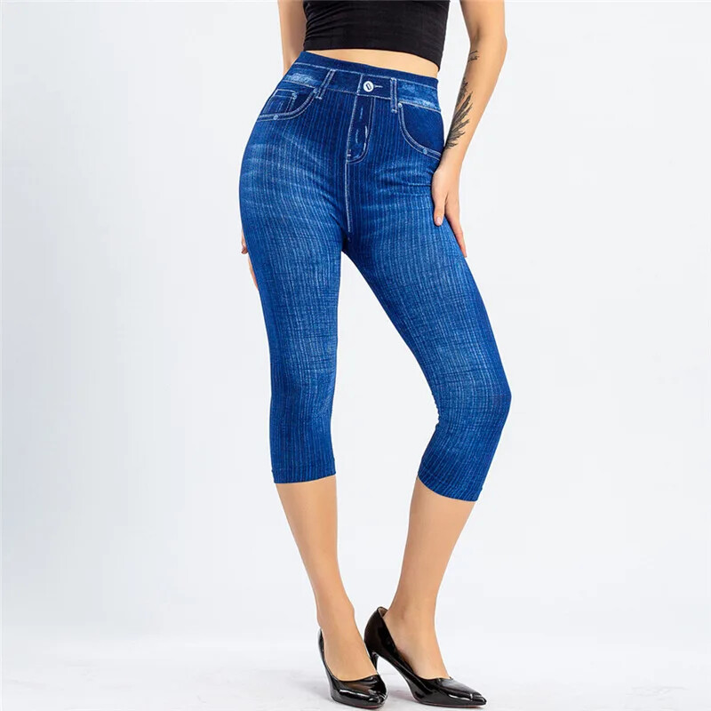 Jambiere cu imprimeu din denim pentru femei Leggings subțiri de modă Pantaloni de vară pantaloni de vară cu imprimeu elastic.