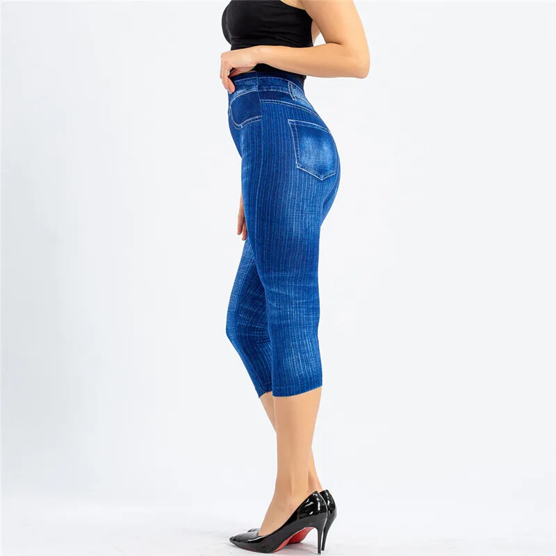 Jambiere cu imprimeu din denim pentru femei Leggings subțiri de modă Pantaloni de vară pantaloni de vară cu imprimeu elastic.