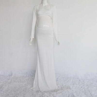 Grūtnieču fotosesijas kleita ar kvadrātveida kaklu ar garām piedurknēm bez muguras, grūtnieces fotografēšanas apģērbs, gara kleita