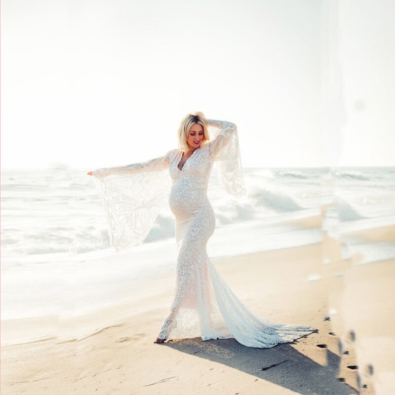 Sieviešu Grūtnieču kleita Mežģīņu kleita grūtniecēm ar V kakla izgriezumu, iesaiņota piedurknēm Maxi fotografēšanas kleita Bērnu dušas fotosesijas kleita