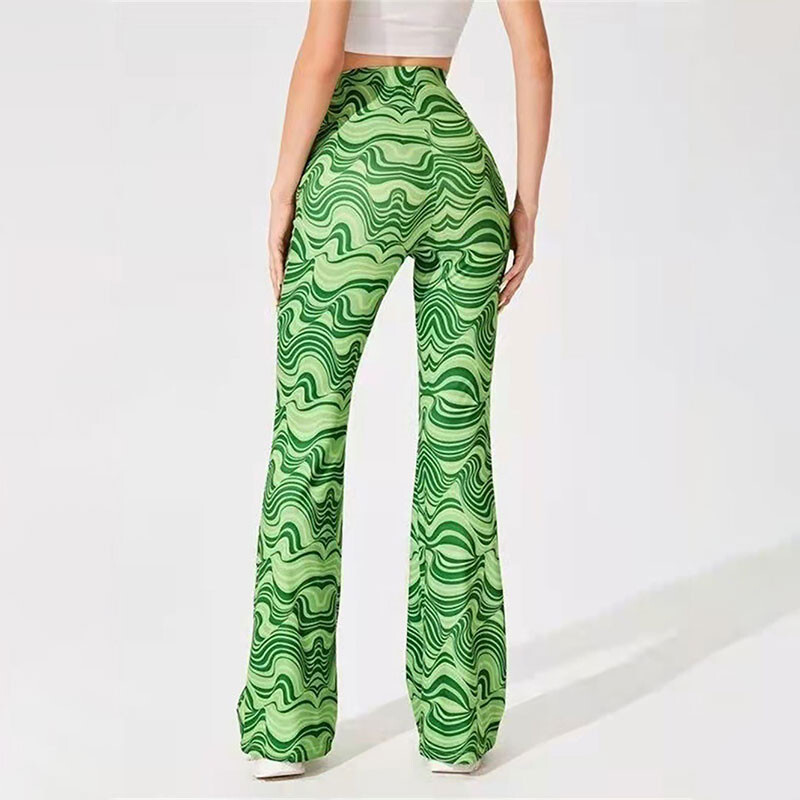 Sieviešu jogas stulpiņi sporta zāle ar augstu vidukli uzliesmojošu bikses Lielizmēra Wave Printed Fitness Latīņamerikas deju platas bikses treniņu bikses