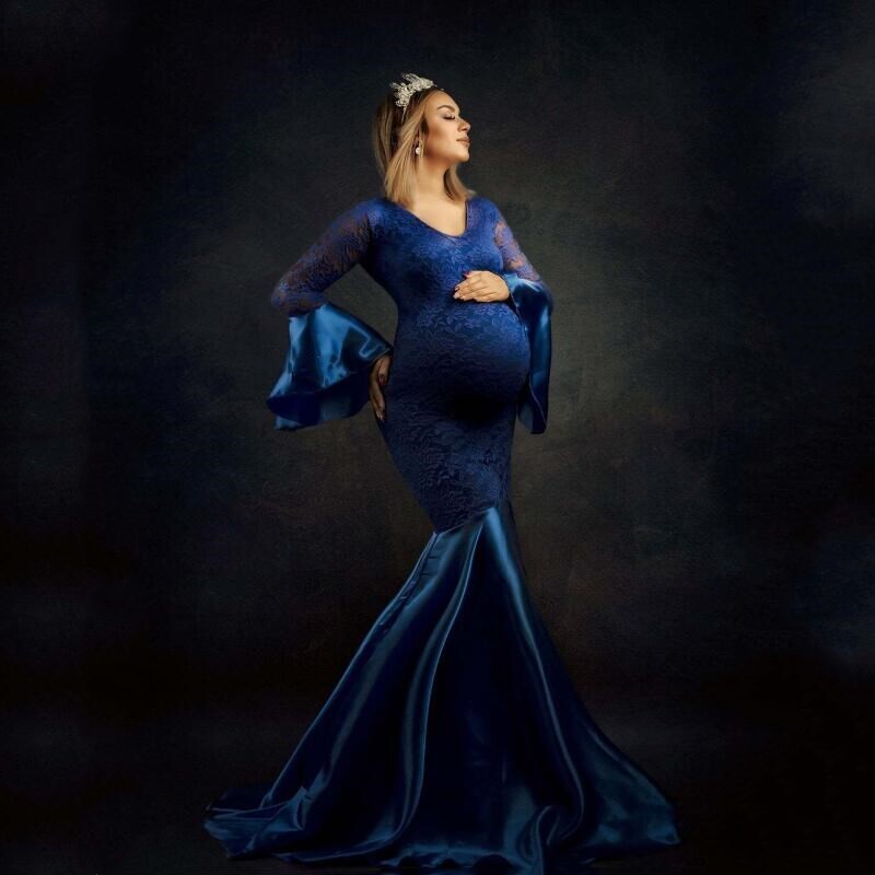 2024 Čipkana trudnička haljina za trudnice Rekviziti za fotografije Haljine za fotografiranje Maxi haljina u obliku sirene Odjeća dugih rukava za trudnice