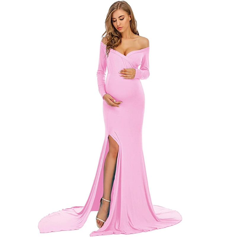 Sievietēm no pleciem Grūtniecības kleita uz sāniem sadalīta grūtnieču fotosesijas kleita Eleganta grūtniecības kleita, liela gara ballīšu kleita fotografēšanai