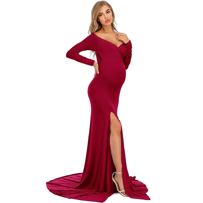 Sievietēm no pleciem Grūtniecības kleita uz sāniem sadalīta grūtnieču fotosesijas kleita Eleganta grūtniecības kleita, liela gara ballīšu kleita fotografēšanai