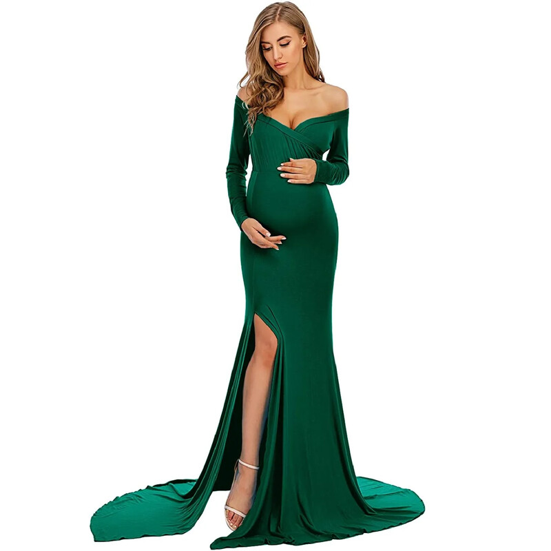 Sievietēm no pleciem Grūtniecības kleita uz sāniem sadalīta grūtnieču fotosesijas kleita Eleganta grūtniecības kleita, liela gara ballīšu kleita fotografēšanai