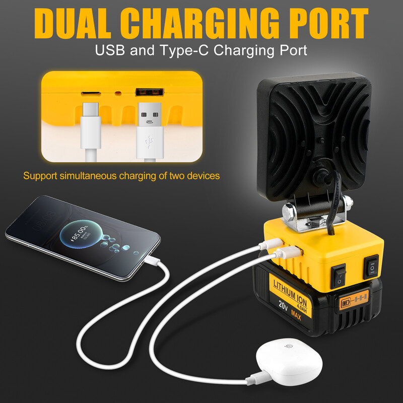 5200LM pārnēsājams 48W LED darba gaisma bezvadu darba gaisma, regulējama pamatne, uzlādējams LED prožektors DeWalt bez akumulatora