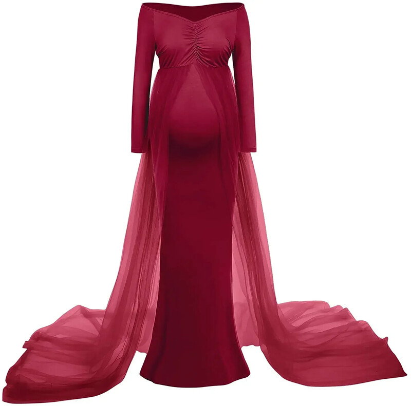 Ženska haljina dugih rukava s otvorenim ramenima za trudnice, maksi rekviziti za fotografije, haljina od tila, vjenčanica u obliku sirene za foto snimanje Baby Shower