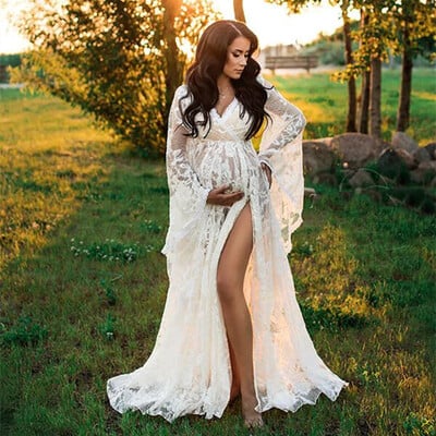 Boho Lace Maternity Photography Props Μακριά Φορέματα Flare Sleeve See Through Maternity Photo Shoot Φόρεμα