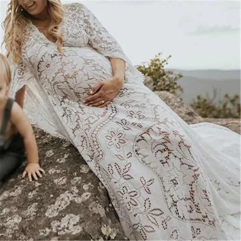 Ženska haljina dugih rukava Rekviziti Haljina za fotografiranje Prom za trudnice S volanima za trudnice Baby Shower Duga haljina za trudnice Boho stil