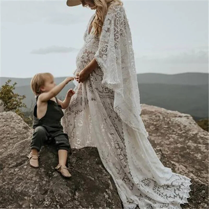 Ženska haljina dugih rukava Rekviziti Haljina za fotografiranje Prom za trudnice S volanima za trudnice Baby Shower Duga haljina za trudnice Boho stil