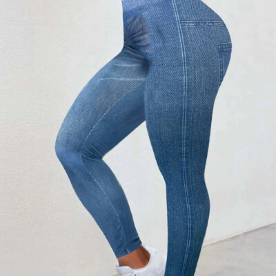 Női 1XL-5XL nagyobb méretű alkalmi ingázó vékony nadrágok, divatos farmerutánzatok, magas derekú, nyomott sztreccs leggings