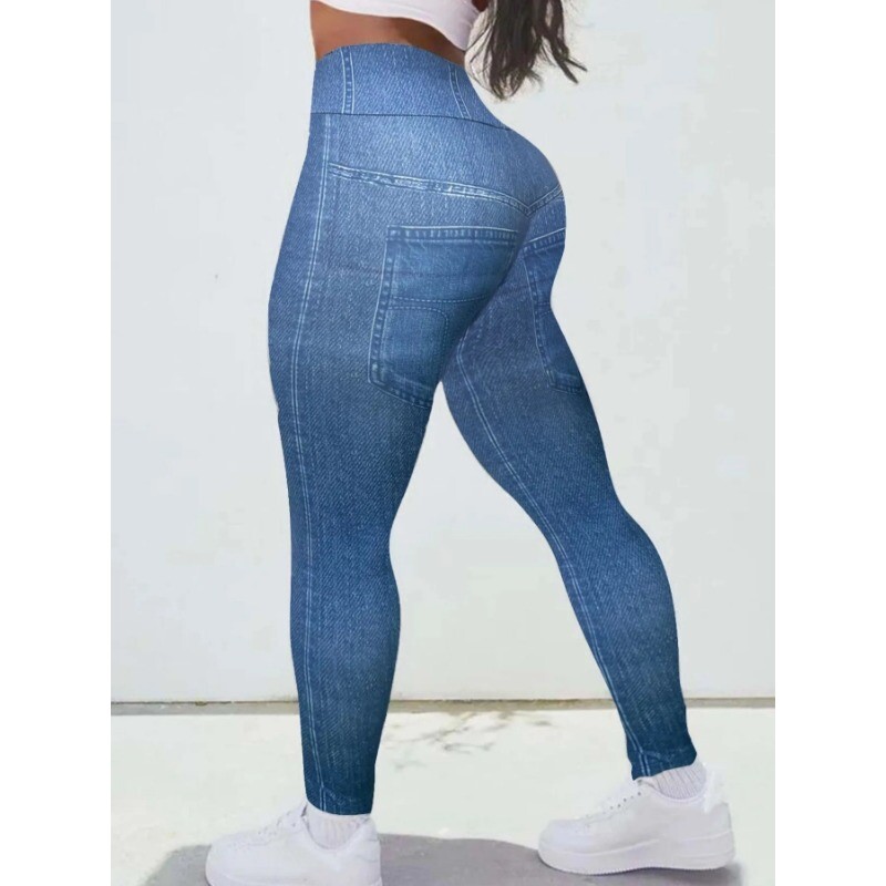 Női 1XL-5XL nagyobb méretű alkalmi ingázó vékony nadrágok, divatos farmerutánzatok, magas derekú, nyomott sztreccs leggings