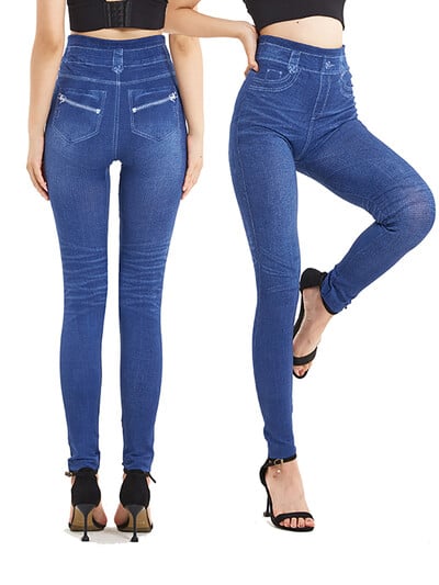 LJCUIYAO Blugi cu imprimeu cu fermoar fals de culoare uni pentru dama Jeggings de dimensiuni mari Pantaloni lungi de yoga din denim fals moale Pantaloni elastici pentru femei